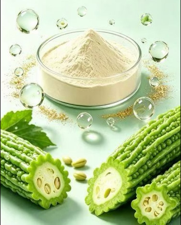 Bitter melon peptide powder in a glass dish, surrounded by fresh bitter melons